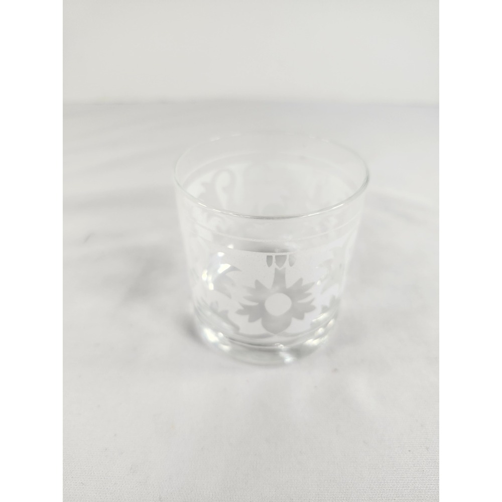 Vintage Frosted Glass Lowball Rocks Glass Etched Floral Scroll Mid Century White